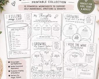 Growth Mindset Journal Worksheets, Self-Care Coping Skills Printable Pack (Digital Download)