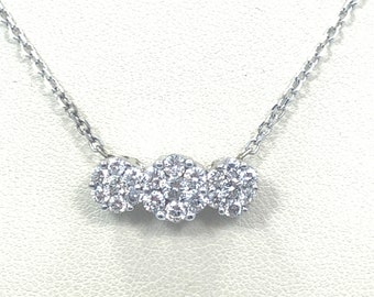 14kt White Gold Three Natural Diamond Cluster Necklace