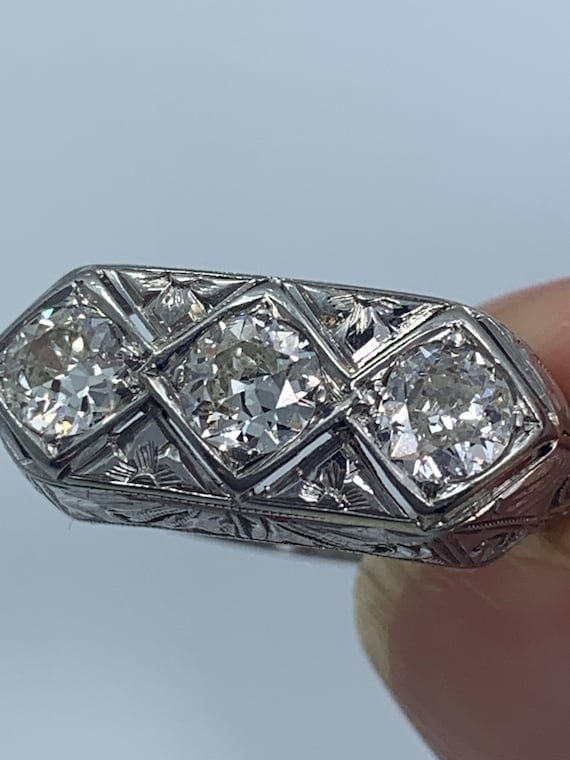 14kt & 18kt White Gold Art Deco Filigree 3 Diamond