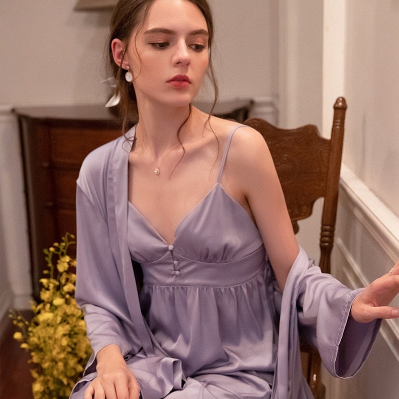 Autumn Satin V-neck Romantic Sleepwear 3pcs Set Pajamas Home Clothes Women Pajamas Long Sleeve Morning Robe Pajamas