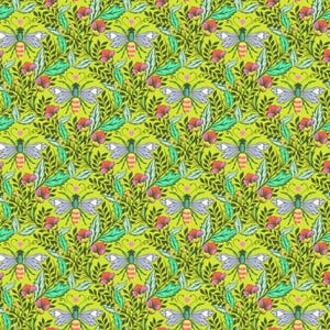 May include: A repeating pattern featuring stylized bees with lavender wings and yellow and black striped bodies, surrounded by green leaves, red flowers, and small pink hearts, all set against a bright chartreuse background.