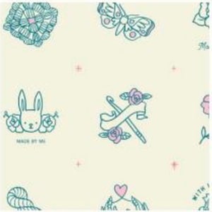May include: A seamless pattern featuring various cute illustrations in blue and pink on a cream background. The illustrations include a butterfly, a bunny with the text "Make it by me", a heart, a flower, and a needle and thread with a banner.