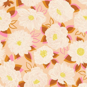 May include: A seamless pattern featuring white flowers with yellow centers on a peach background. The flowers are surrounded by brown and pink leaves.