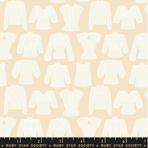 May include: A seamless pattern featuring a variety of white blouses with different necklines, sleeves, and lace details on a light beige background.