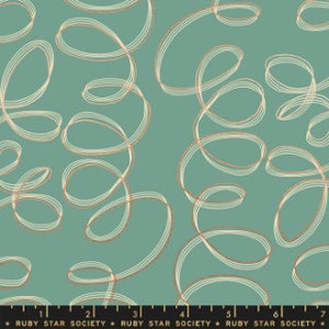 May include: Teal fabric with a white and copper colored abstract pattern of swirling lines.