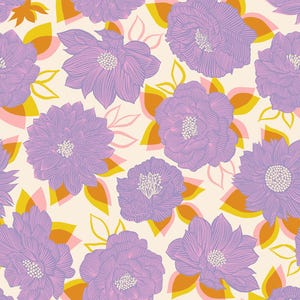 May include: A seamless pattern featuring purple flowers with yellow and pink accents on a cream background.