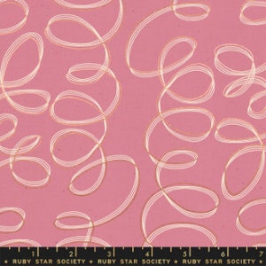 May include: Pink fabric with a white and gold abstract pattern of swirling lines and circles.