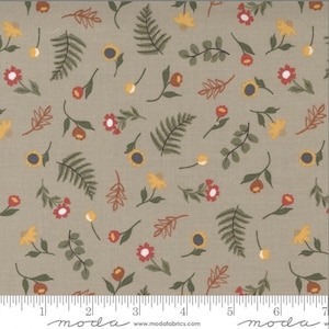 May include: A beige fabric with a repeating pattern of small green leaves, red and yellow flowers, and brown stems. The fabric has a subtle texture and a soft, muted color palette.