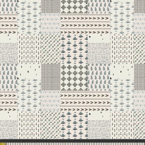 May include: A seamless fabric pattern with a patchwork design featuring various geometric and floral motifs in shades of blue, green, and gray on a cream background.