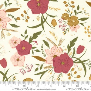 May include: A white fabric with a floral pattern featuring pink and burgundy flowers, green leaves, and gold accents. The fabric has a repeating pattern and is suitable for quilting, sewing, and crafting projects.