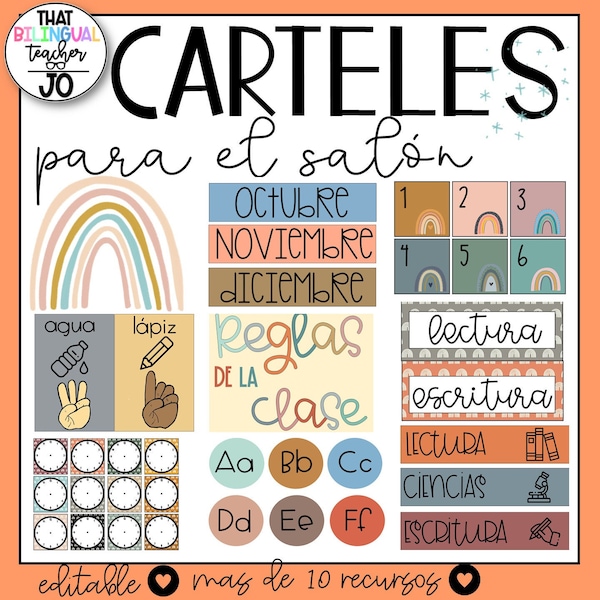 Boho /Neutral Spanish Classroom Decor - editable files included