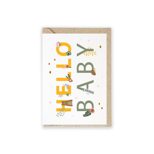 Glückwunschkarte "Hello Baby" mit Tierillustration, Babykarte, Baby, Bär-und Igel-Illustrationen, Blumenmotiv