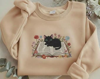 Embroidered Cat Reading Book Sweatshirt, Floral Kitten Book Lover Crewneck, Bibliophile Gift, Aesthetic Floral Cat Shirt Y-06022620