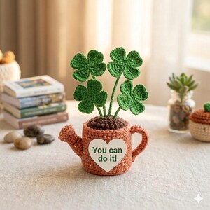 Crochet Four Leaf Clover Potted Plant, Good Luck Charm Desk Decor, Handmade Positive Affirmation Gift, Personalized Lucky Clover Y-09032614
