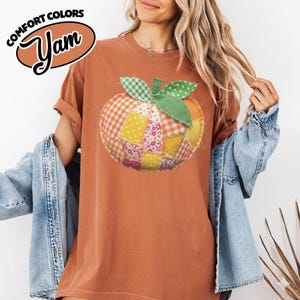 Comfort Color Faux Patchwork Orange Shirt, Orange Patch T-Shirt, Vintage Apparel Shirt, Faux Patchwork Quilted Shirt YS2D01