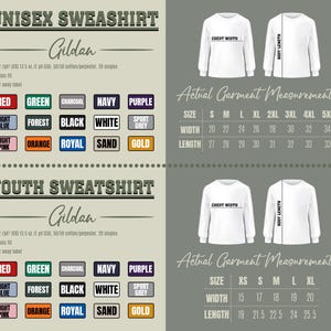Op de afbeelding: Een productinformatieblad voor Gildan sweatshirts. Het blad bevat kleurstalen in verschillende kleuren, waaronder rood, groen en zwart. Het toont ook kledingmaten voor unisex en jeugdmaten.