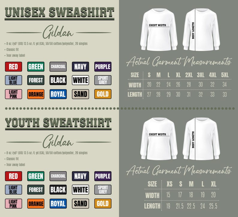 Op de afbeelding: Een productinformatieblad voor Gildan sweatshirts. Het blad bevat kleurstalen in verschillende kleuren, waaronder rood, groen en zwart. Het toont ook kledingmaten voor unisex en jeugdmaten.