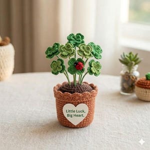 Crochet Four Leaf Clover Potted Plant, Good Luck Gift, Amigurumi Shamrock Desk Decor, Handmade Ladybug Decor, St Patrick Gift Y-03042521C