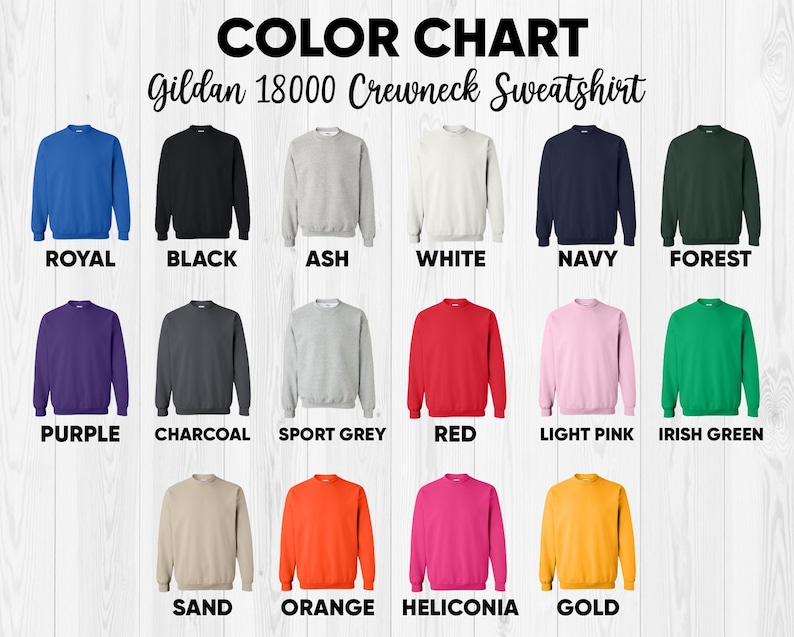 Op de afbeelding: Kleurenkaart van Gildan 18000 crewneck sweatshirts in diverse kleuren, waaronder koningsblauw, zwart, as, wit, marine, bosgroen, paars, houtskool, sportgrijs, rood, lichtroze, Iers groen, zand, oranje, heliconia en goud.