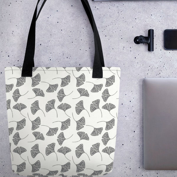 Ginkgo Leaves White & Black Tote Bag / Japanese Style Tote Bag / Japanese Shoulder Bag / Nature Pattern Beach Bag / Gift For Nature Lovers