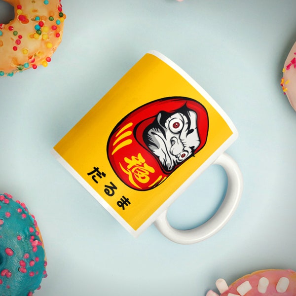 Daruma Doll Coffee Mug / Ceramic Mug With Handle / Microwave & Dishwasher Safe / Yellow / Red / Japanese Anime Gift Idea for Otaku Weebs
