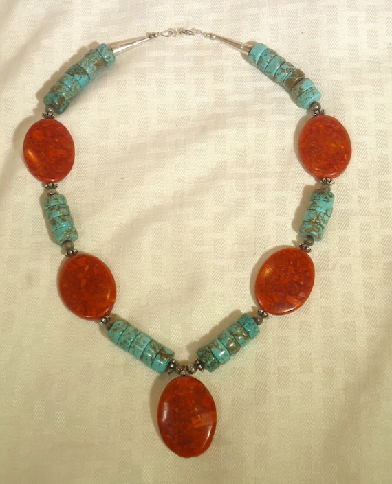 Vintage Chunky Turquoise and Red Coral Necklace Se