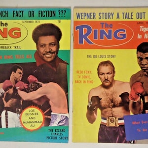 May include: Two vintage issues of "The Ring" magazine. The September 1975 issue features Muhammad Ali and Joe Bugner on the cover, with the headline "Is Ali Punch Fact or Fiction???" The April 1975 issue features Ali again, with the headline "Wepner Story A Tale Out of Fiction."