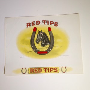 Vintage ORIGINAL Cigar Box Label Red Tips Horse Theme Embossed C9