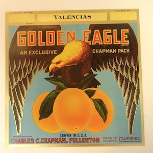 Vintage ORIGINAL Crate Label Golden Eagle Brand Valencias Oranges Fullerton