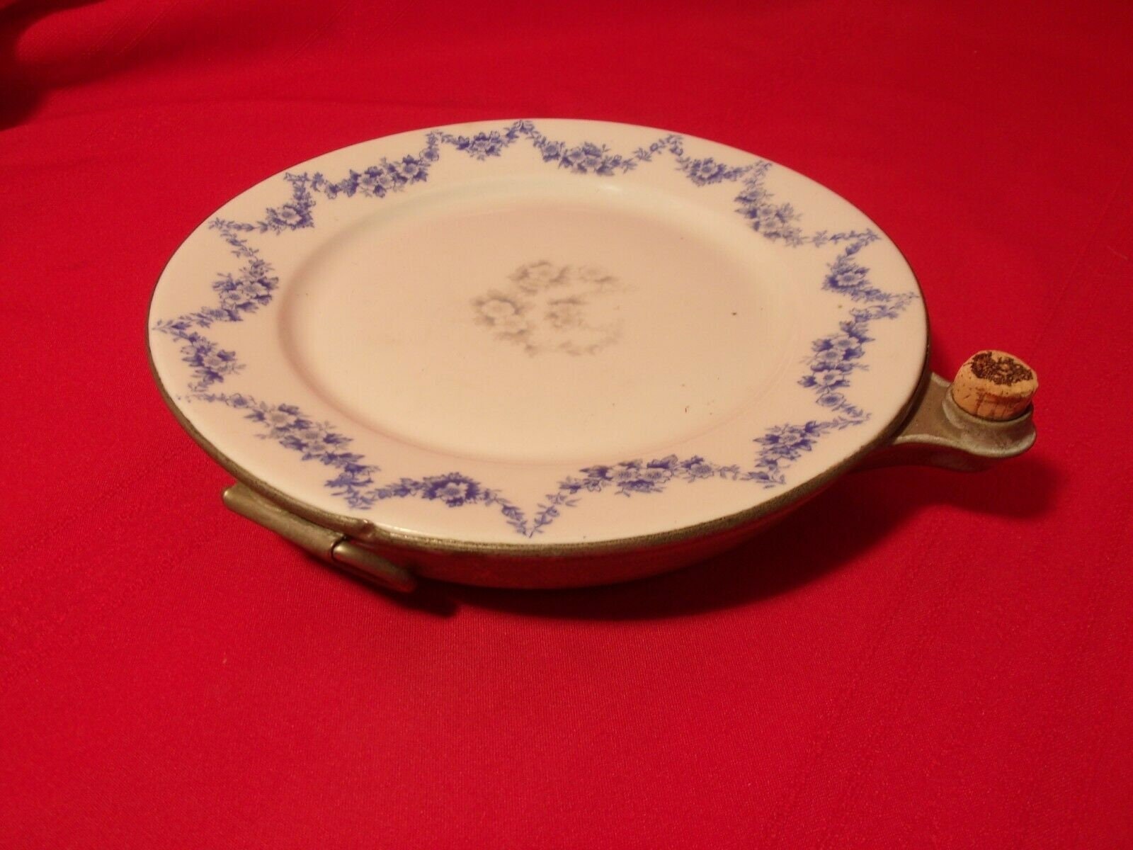 Antique German Hot Water Warming Dish. Porcelain Bowl, Metal Base and Spout  to Hold Hot Water, Metal Handles. 