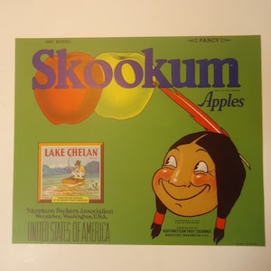 Vintage ORIGINAL Crate Label Skookum Brand Apples Wenatchee