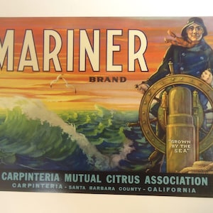 Vintage ORIGINAL Crate Label Mariner Brand Orange Citrus Label Ocean Scene