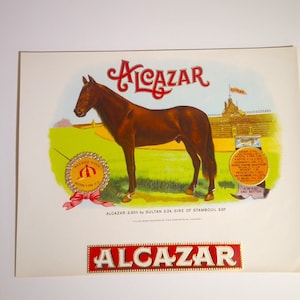 Vintage ORIGINAL Cigar Box Label Alcazar Horse Racing Theme Embossed C3