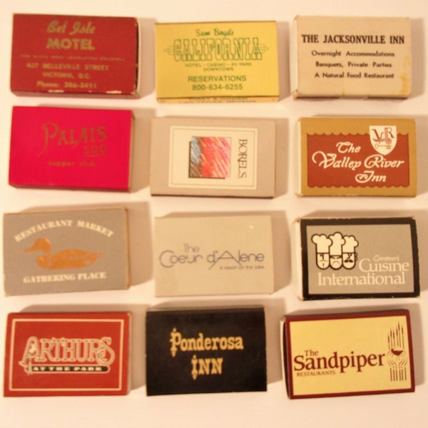 12 Vintage Advertising Matchbox's Matchbook Restaurants Cafe's Hotels Tavern M20