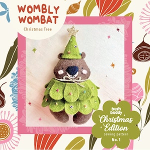Wombly Wombat Christmas Tree PDF pattern, a hand sewn wool felt ornament, Bush Buddy Christmas Edition No. 1