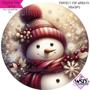 Sublimation Digital Wreath Design |Burgundy and Gold Winter snowman Scene Digital wreath sign- Digital Design PNG Download ONLY