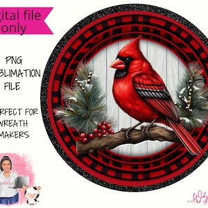 Winter Cardinal  with Red and Black Plaid Digital Wreath Sign- Digital Design PNG Download ONLY Front Door Decor Digital Sign