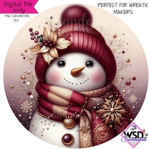 Sublimation Digital Wreath Design |Burgundy and Gold Winter snowman Scene Digital wreath sign- Digital Design PNG Download ONLY