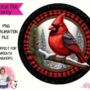 Winter Cardinal  with Red and Black Plaid Digital Wreath Sign- Digital Design PNG Download ONLY Front Door Decor Digital Sign