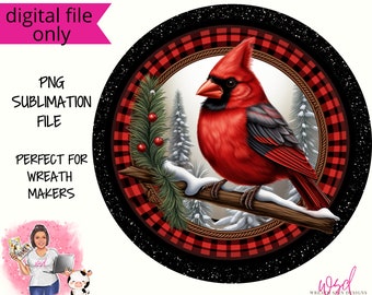 Winter Cardinal  with Red and Black Plaid Digital Wreath Sign- Digital Design PNG Download ONLY Front Door Decor Digital Sign