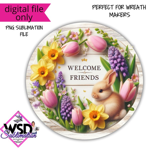 Welcome Spring Bunny with Tulips and Daffodils PNG Easter Bunny Welcome Sign  Digital Design PNG Download ONLY Front Door Decor Digital Sign