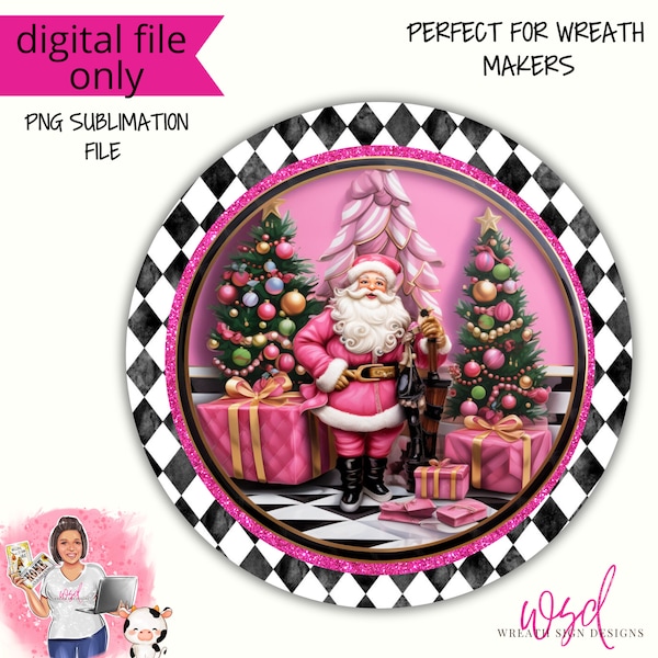 Pink Santa with harlequin Christmas Sign Wreath Sign Halloween Digital Design PNG Download ONLY Front Door Decor digital