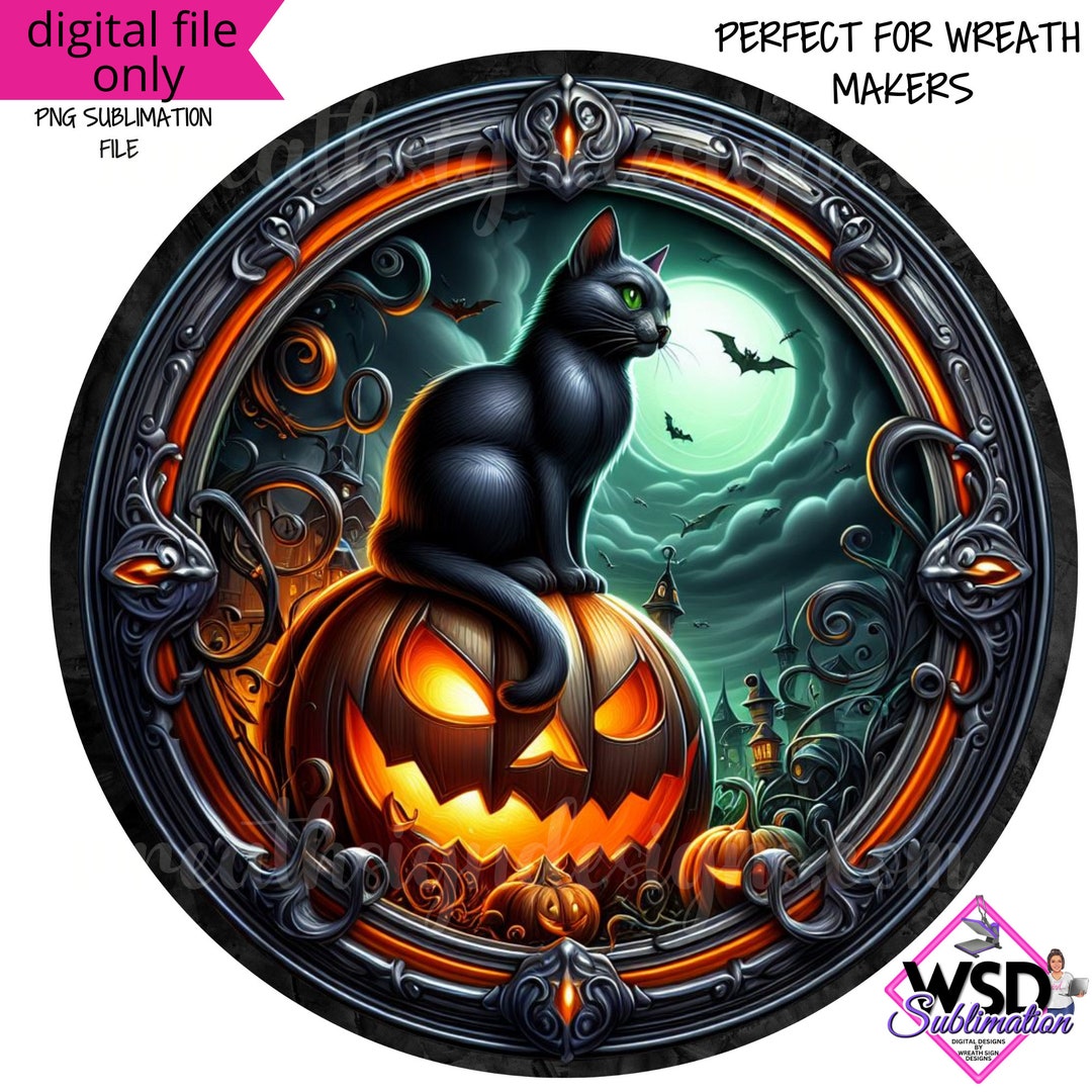 Halloween Digital Design | Black Cat and Jack O Lanterns | Wreath ...