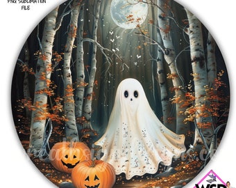 秋の森のゴーストハロウィーンリースサインハロウィーンデジタルデザインPNGダウンロードのみ玄関ドア装飾デジタルサイン