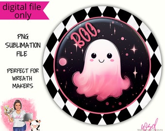 ブー ピンク ハロウィン ゴースト リース サイン ハロウィン デジタル デザイン PNG ダウンロードのみ 玄関ドア装飾 デジタル サイン