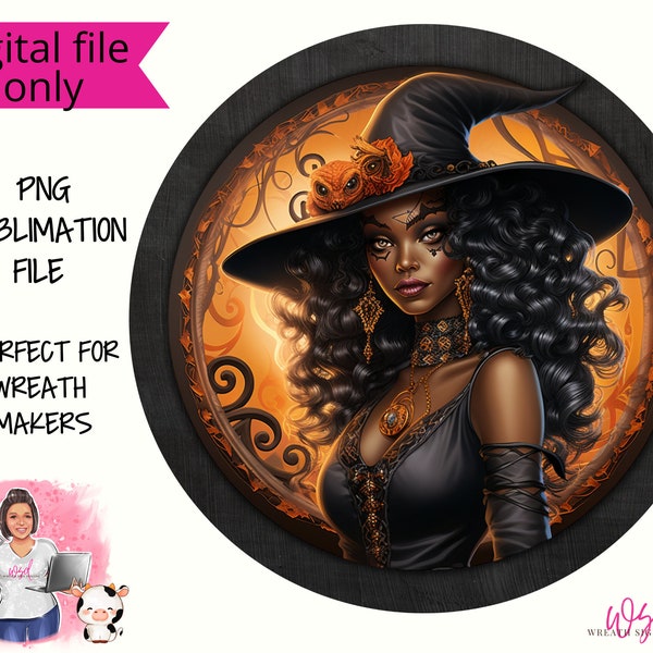 Black and Orange Halloween African American Witch Wreath Sign Halloween Digital Design PNG Download ONLY Front Door Decor digital sign