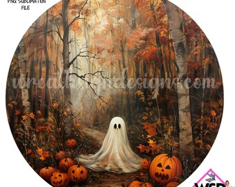 秋の森のゴーストハロウィーンリースサインハロウィーンデジタルデザインPNGダウンロードのみ玄関ドア装飾デジタルサイン