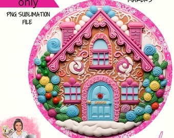 Pink Candy Gingerbread House  Winter Scene Digital wreath sign 3 dimensional- Digital Design PNG Download ONLY Front Door Decor digital sign