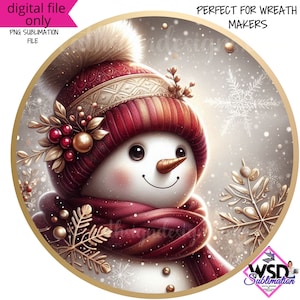 Sublimation Digital Wreath Design |Burgundy and Gold Winter snowman Scene Digital wreath sign- Digital Design PNG Download ONLY