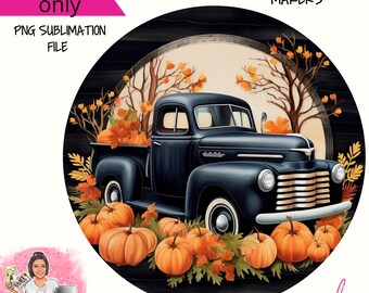 Black Fall Vintage Pumpkin Truck- Ronde Krans Teken Ontwerp- Digitale Download- Fall PNG digitaal teken